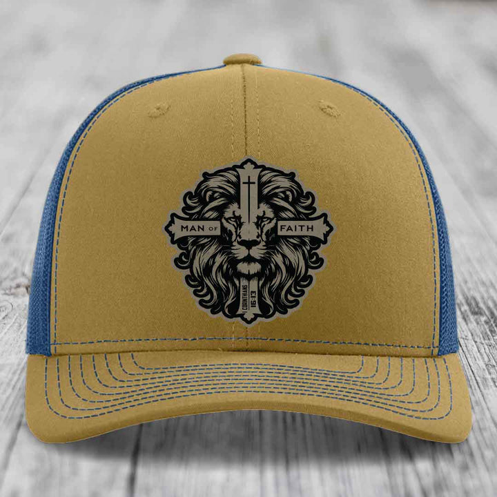 Man of Faith - Leather Patch Hat - Light Brown to Black Patch - Richardson 112 Snapback Trucker Hat