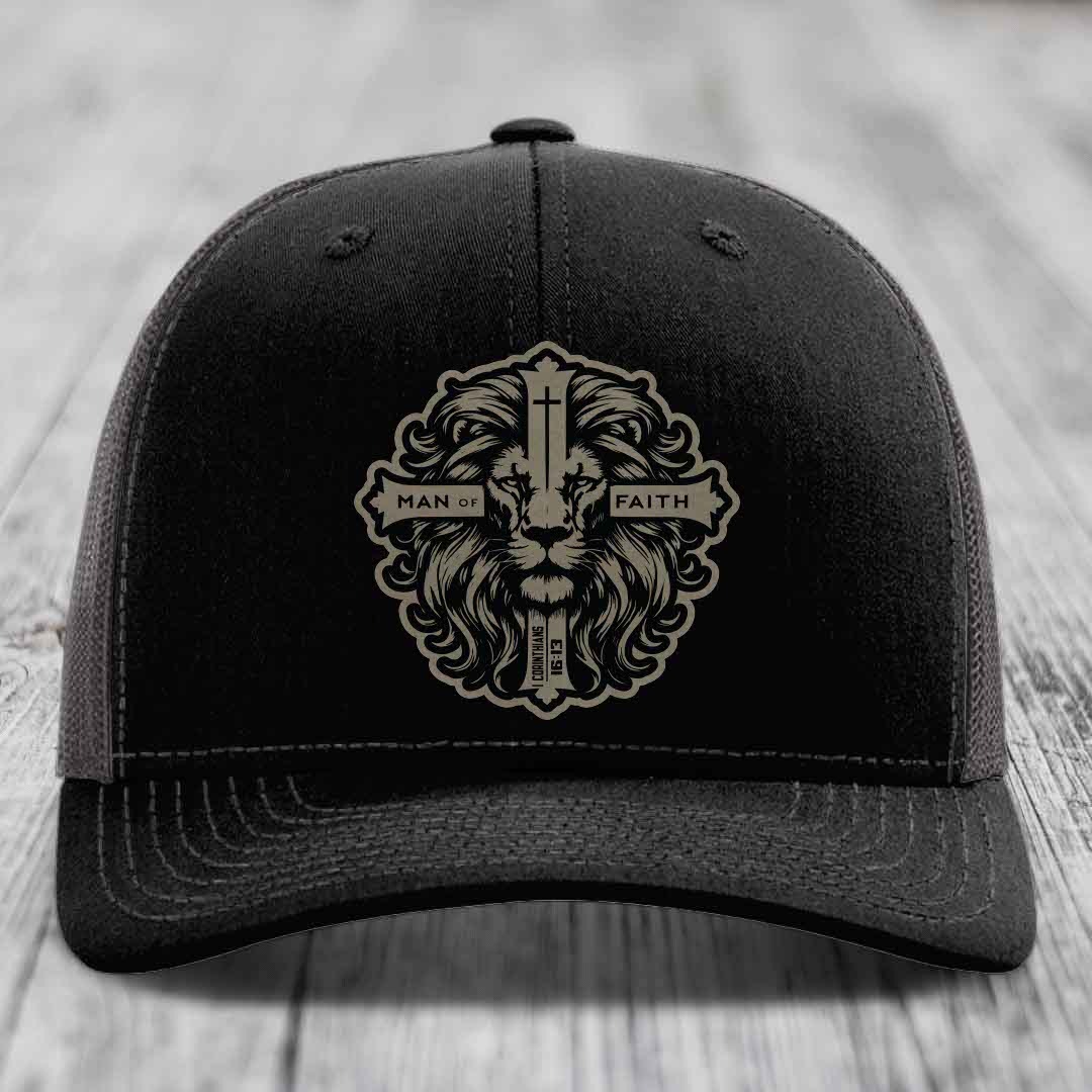 Man of Faith - Leather Patch Hat - Light Brown to Black Patch - Richardson 112 Snapback Trucker Hat
