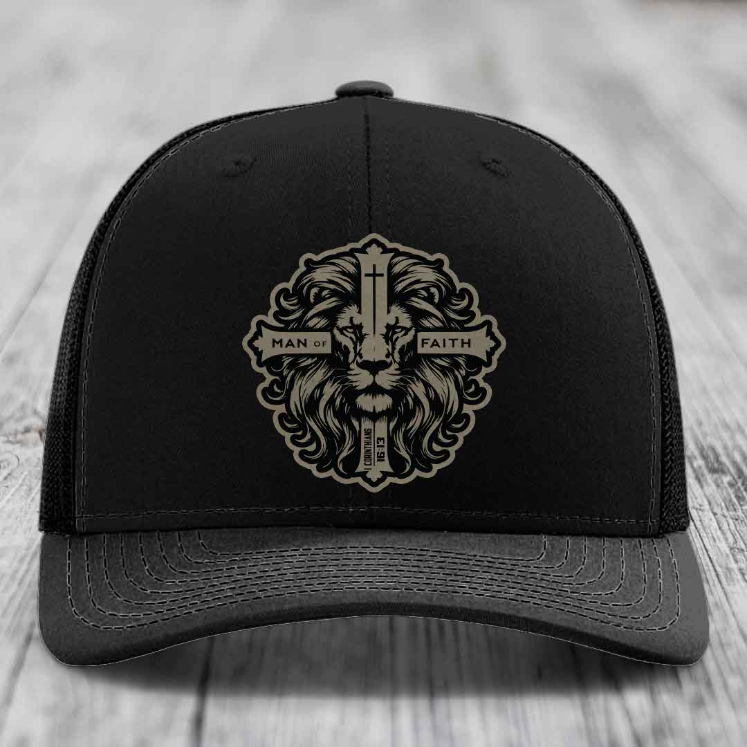 Man of Faith - Leather Patch Hat - Light Brown to Black Patch - Richardson 112 Snapback Trucker Hat