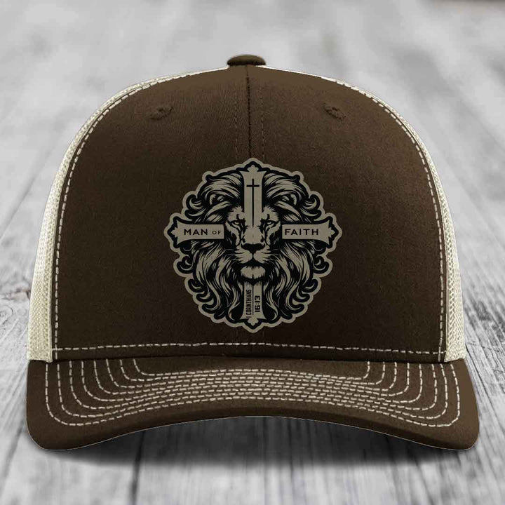 Man of Faith - Leather Patch Hat - Light Brown to Black Patch - Richardson 112 Snapback Trucker Hat