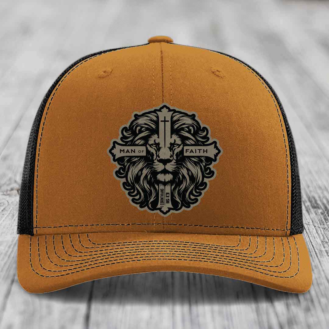 Man of Faith - Leather Patch Hat - Light Brown to Black Patch - Richardson 112 Snapback Trucker Hat