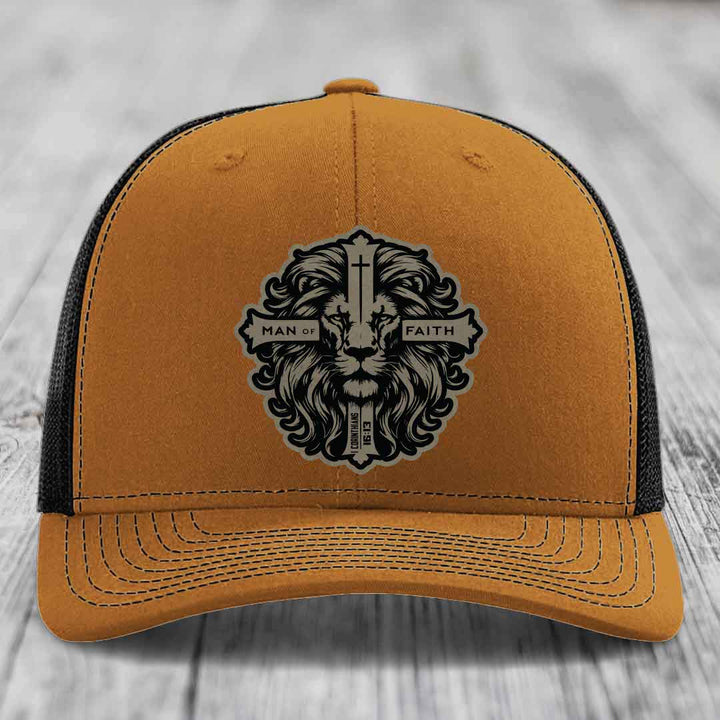 Man of Faith - Leather Patch Hat - Light Brown to Black Patch - Richardson 112 Snapback Trucker Hat