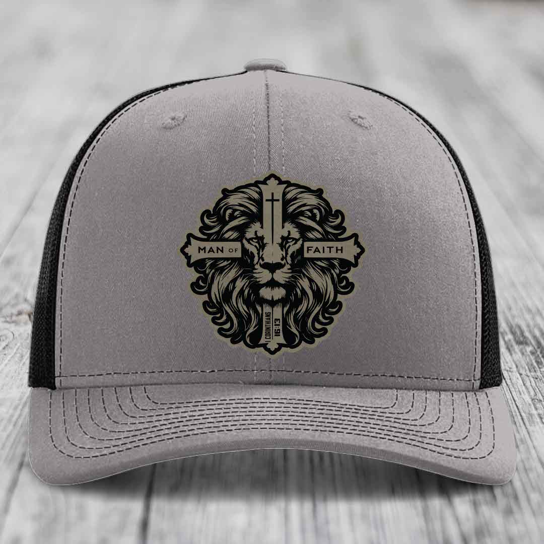 Man of Faith - Leather Patch Hat - Light Brown to Black Patch - Richardson 112 Snapback Trucker Hat