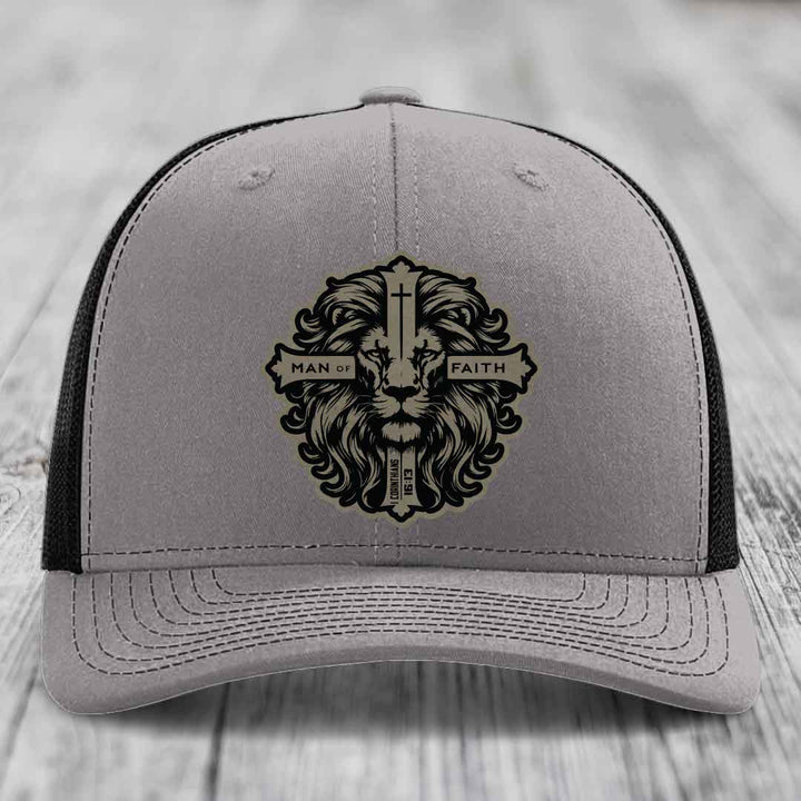 Man of Faith - Leather Patch Hat - Light Brown to Black Patch - Richardson 112 Snapback Trucker Hat
