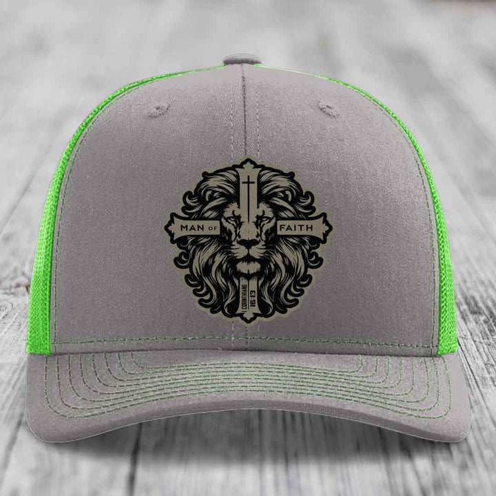 Man of Faith - Leather Patch Hat - Light Brown to Black Patch - Richardson 112 Snapback Trucker Hat