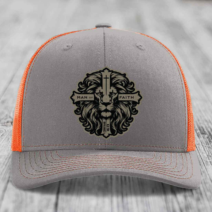 Man of Faith - Leather Patch Hat - Light Brown to Black Patch - Richardson 112 Snapback Trucker Hat