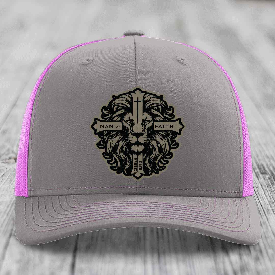 Man of Faith - Leather Patch Hat - Light Brown to Black Patch - Richardson 112 Snapback Trucker Hat