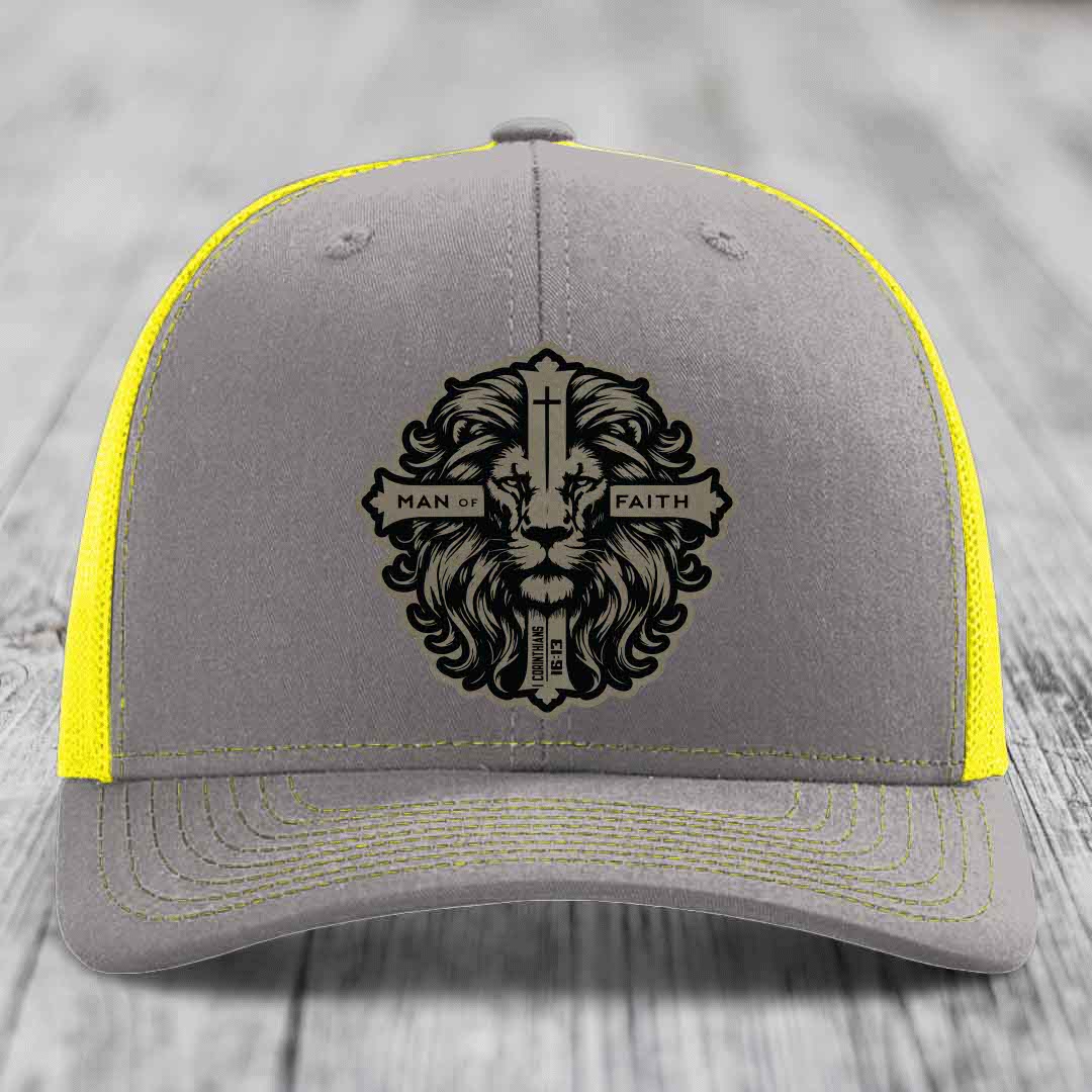 Man of Faith - Leather Patch Hat - Light Brown to Black Patch - Richardson 112 Snapback Trucker Hat