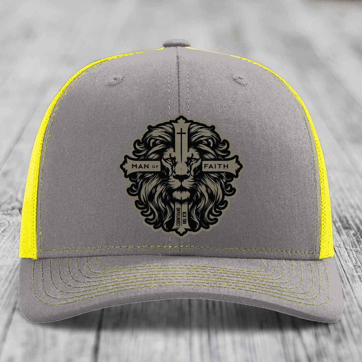 Man of Faith - Leather Patch Hat - Light Brown to Black Patch - Richardson 112 Snapback Trucker Hat
