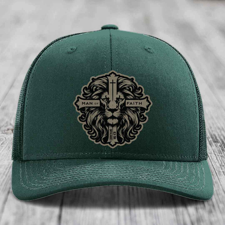 Man of Faith - Leather Patch Hat - Light Brown to Black Patch - Richardson 112 Snapback Trucker Hat