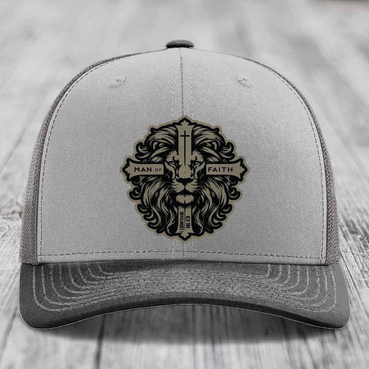 Man of Faith - Leather Patch Hat - Light Brown to Black Patch - Richardson 112 Snapback Trucker Hat