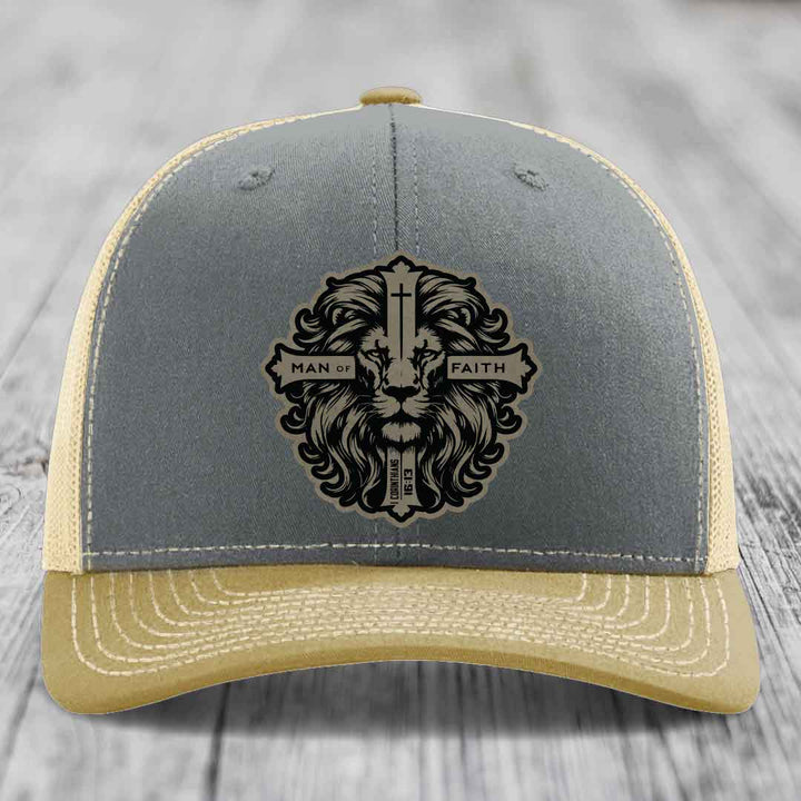 Man of Faith - Leather Patch Hat - Light Brown to Black Patch - Richardson 112 Snapback Trucker Hat