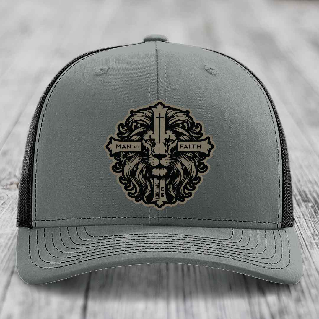 Man of Faith - Leather Patch Hat - Light Brown to Black Patch - Richardson 112 Snapback Trucker Hat