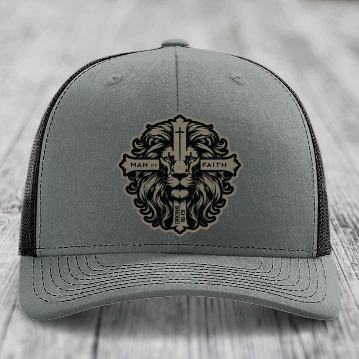 Man of Faith - Leather Patch Hat - Light Brown to Black Patch - Richardson 112 Snapback Trucker Hat