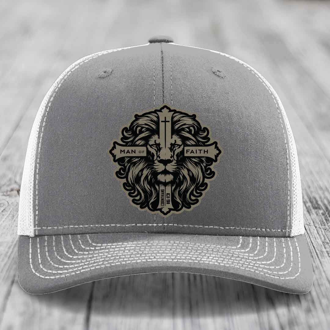 Man of Faith - Leather Patch Hat - Light Brown to Black Patch - Richardson 112 Snapback Trucker Hat
