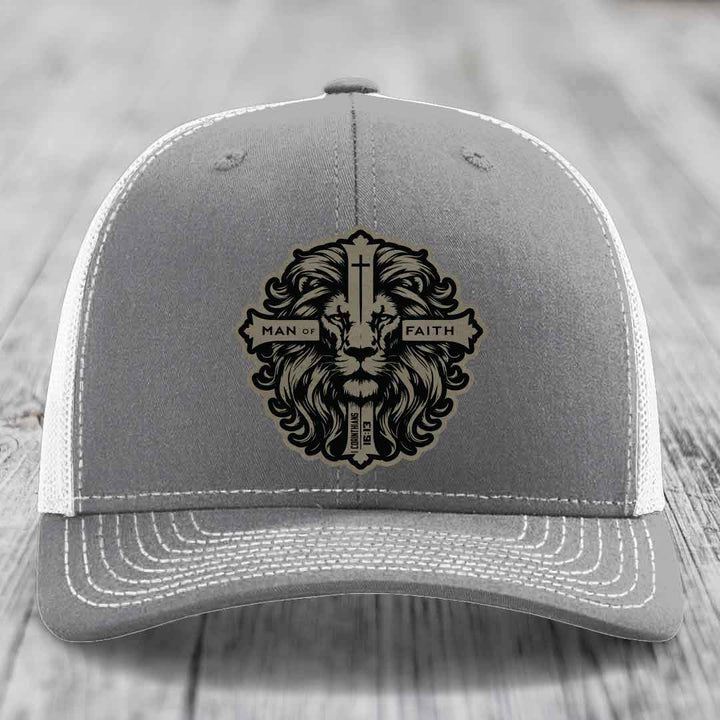 Man of Faith - Leather Patch Hat - Light Brown to Black Patch - Richardson 112 Snapback Trucker Hat