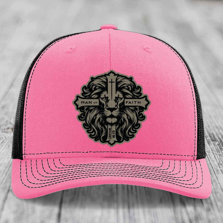 Man of Faith - Leather Patch Hat - Light Brown to Black Patch - Richardson 112 Snapback Trucker Hat