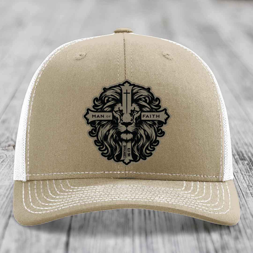 Man of Faith - Leather Patch Hat - Light Brown to Black Patch - Richardson 112 Snapback Trucker Hat