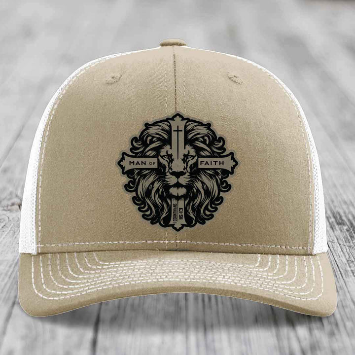 Man of Faith - Leather Patch Hat - Light Brown to Black Patch - Richardson 112 Snapback Trucker Hat