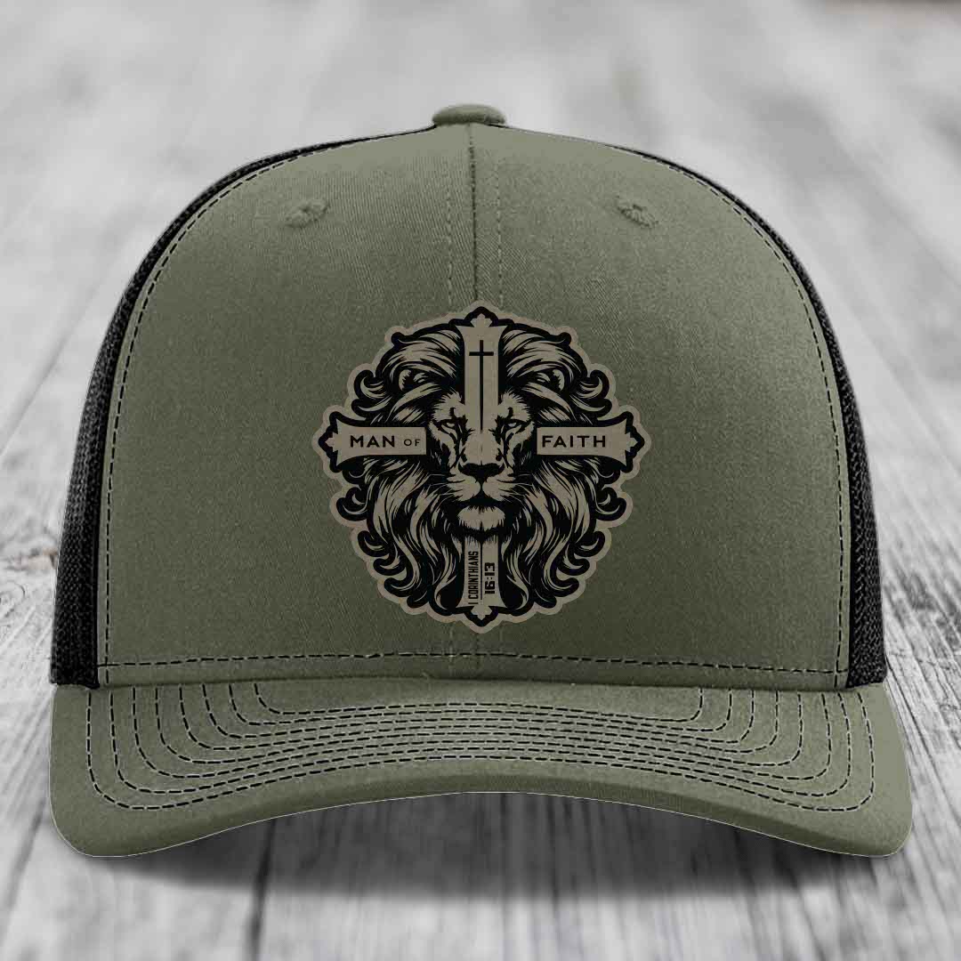 Man of Faith - Leather Patch Hat - Light Brown to Black Patch - Richardson 112 Snapback Trucker Hat