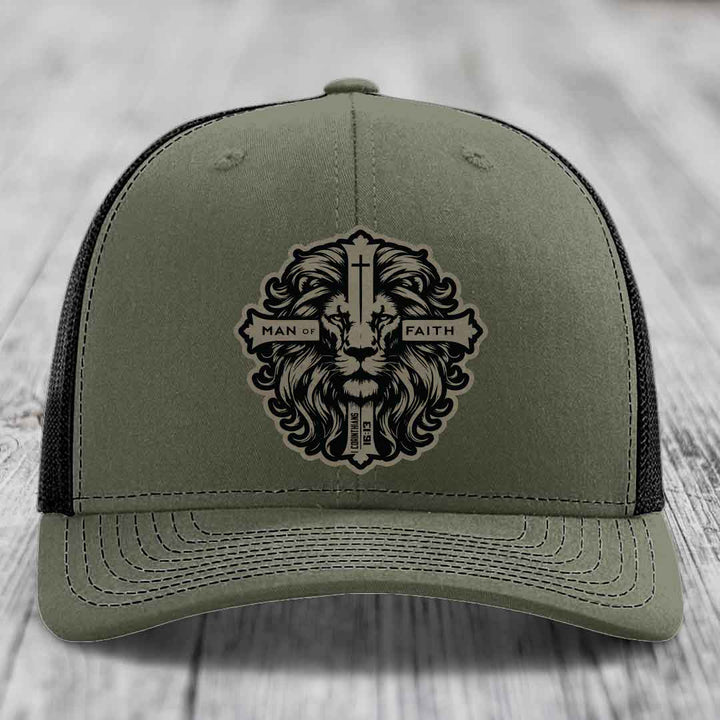 Man of Faith - Leather Patch Hat - Light Brown to Black Patch - Richardson 112 Snapback Trucker Hat