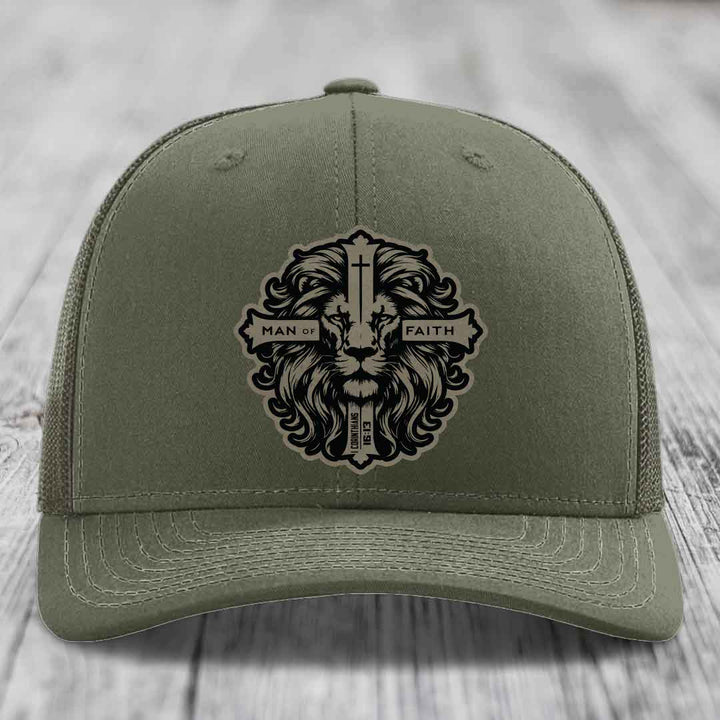Man of Faith - Leather Patch Hat - Light Brown to Black Patch - Richardson 112 Snapback Trucker Hat