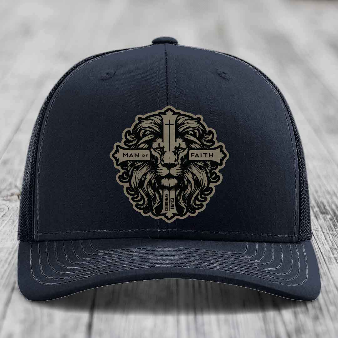 Man of Faith - Leather Patch Hat - Light Brown to Black Patch - Richardson 112 Snapback Trucker Hat
