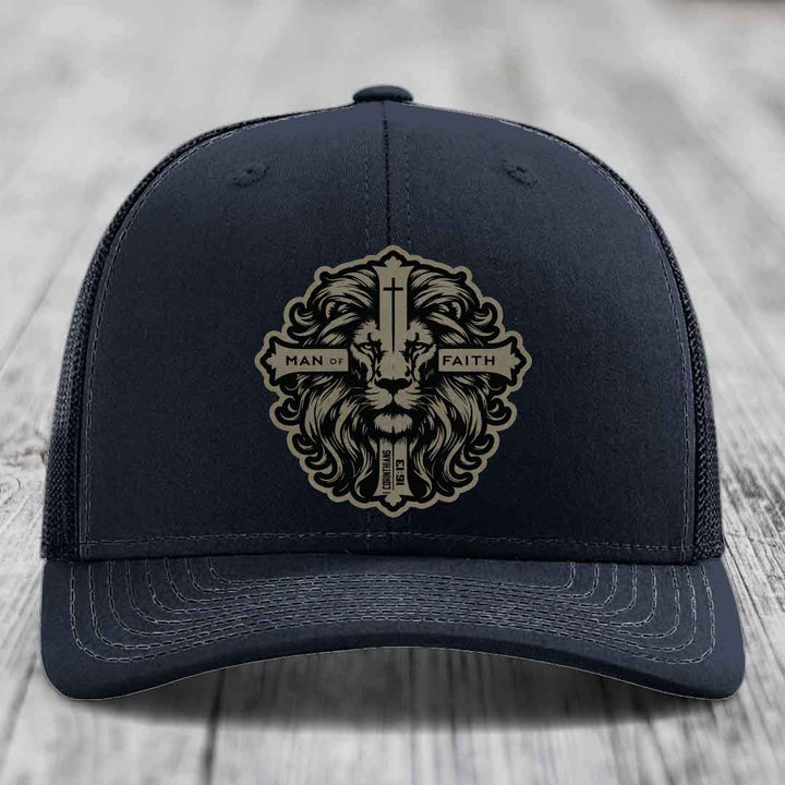 Man of Faith - Leather Patch Hat - Light Brown to Black Patch - Richardson 112 Snapback Trucker Hat