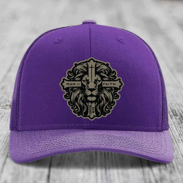 Man of Faith - Leather Patch Hat - Light Brown to Black Patch - Richardson 112 Snapback Trucker Hat