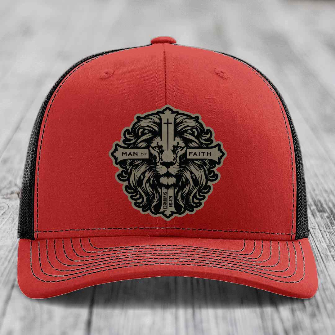 Man of Faith - Leather Patch Hat - Light Brown to Black Patch - Richardson 112 Snapback Trucker Hat