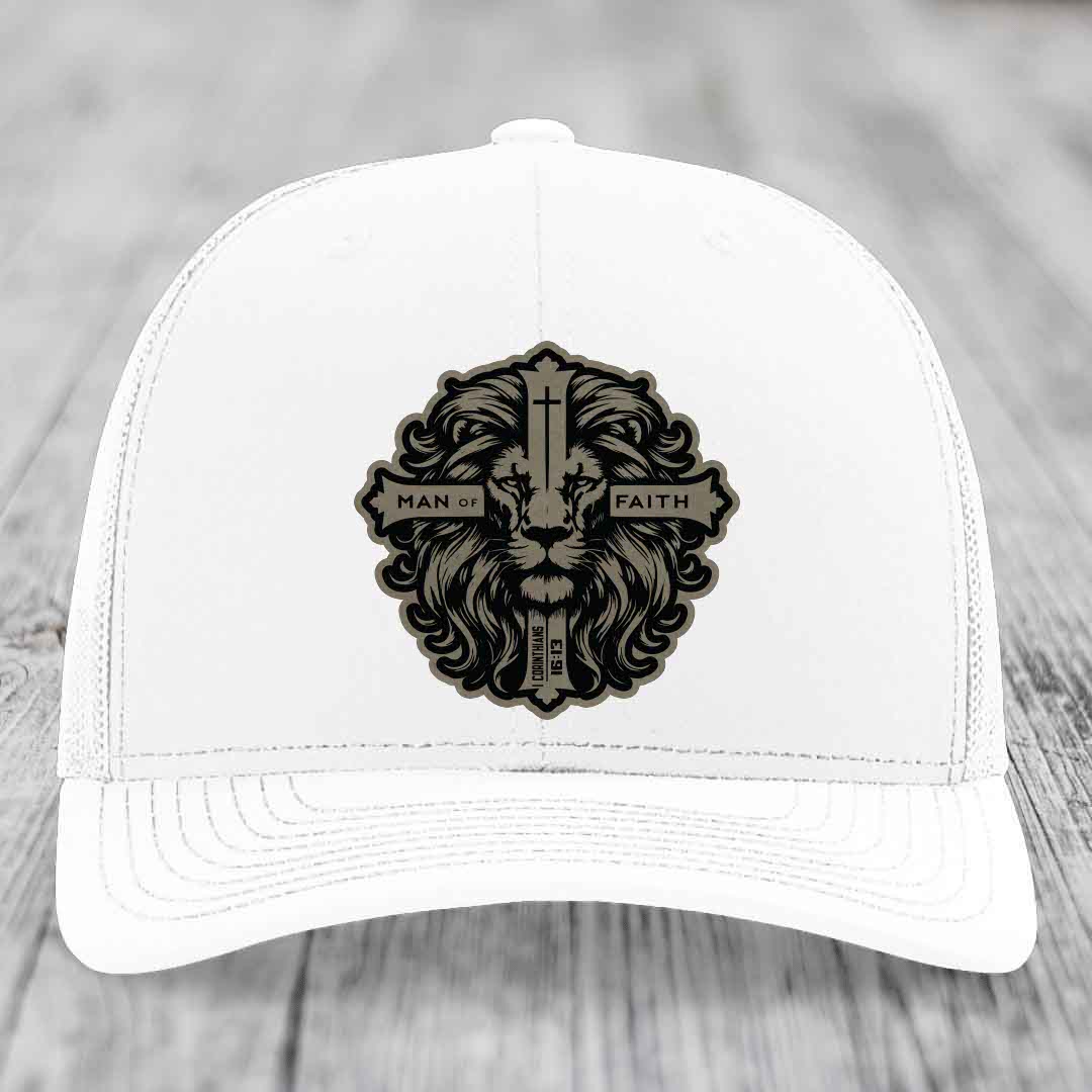 Man of Faith - Leather Patch Hat - Light Brown to Black Patch - Richardson 112 Snapback Trucker Hat