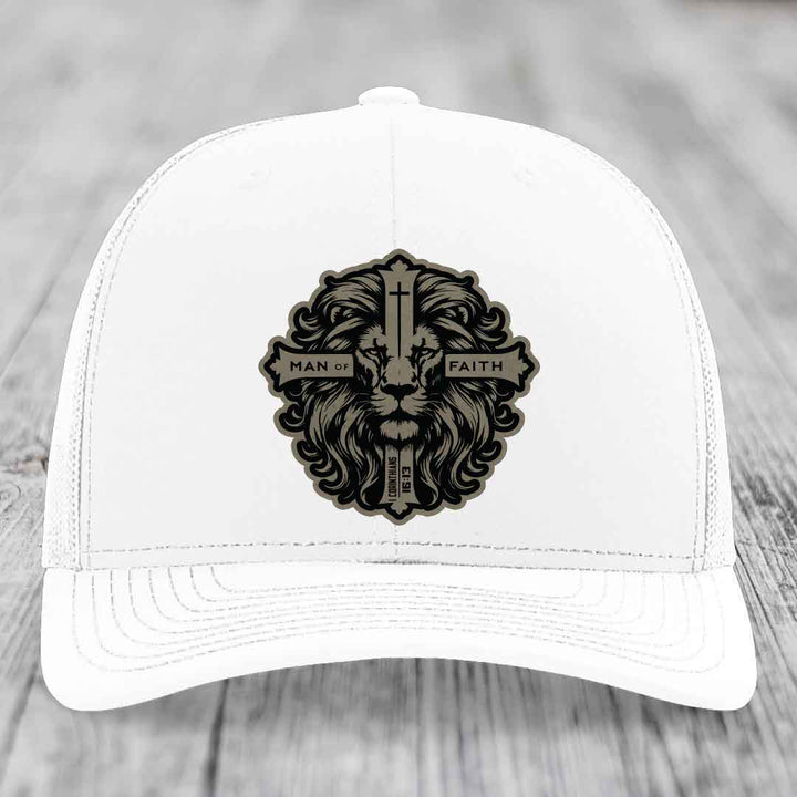 Man of Faith - Leather Patch Hat - Light Brown to Black Patch - Richardson 112 Snapback Trucker Hat