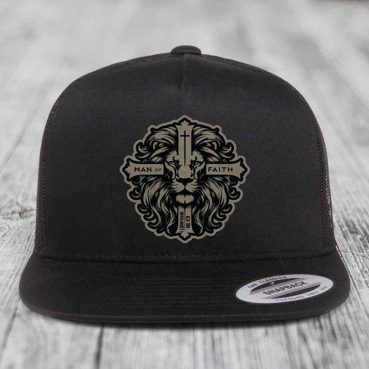 Man of Faith - Leather Patch Hat - Light Brown to Black Patch - Yupoong 6006 Snapback Flatbill Hat