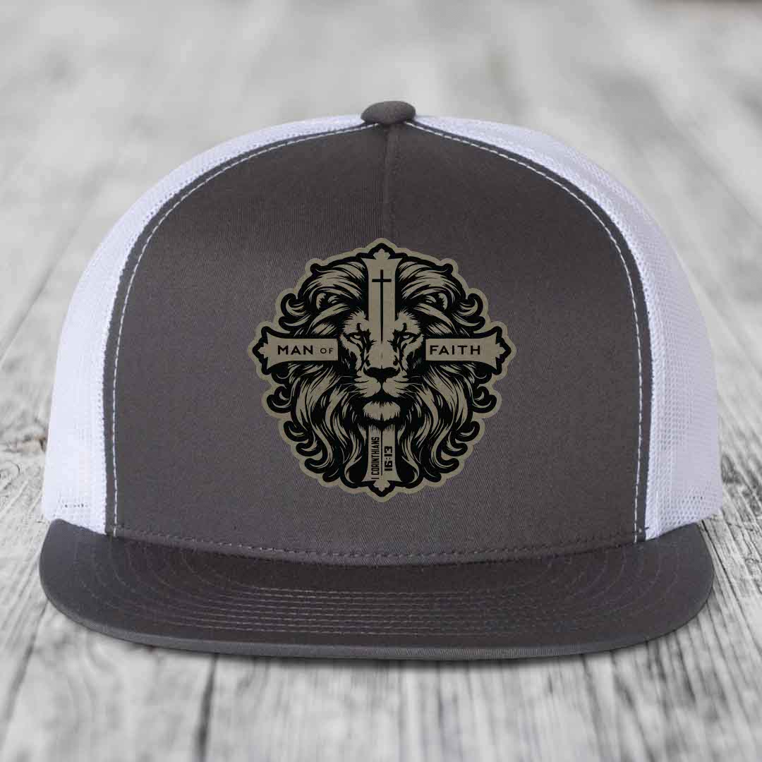 Man of Faith - Leather Patch Hat - Light Brown to Black Patch - Yupoong 6006 Snapback Flatbill Hat