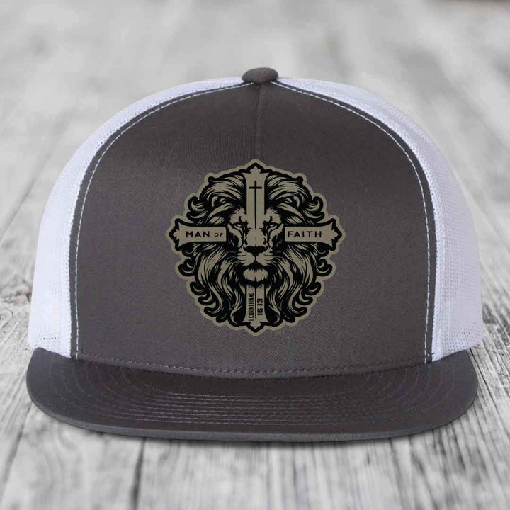 Man of Faith - Leather Patch Hat - Light Brown to Black Patch - Yupoong 6006 Snapback Flatbill Hat