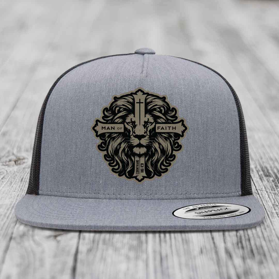 Man of Faith - Leather Patch Hat - Light Brown to Black Patch - Yupoong 6006 Snapback Flatbill Hat