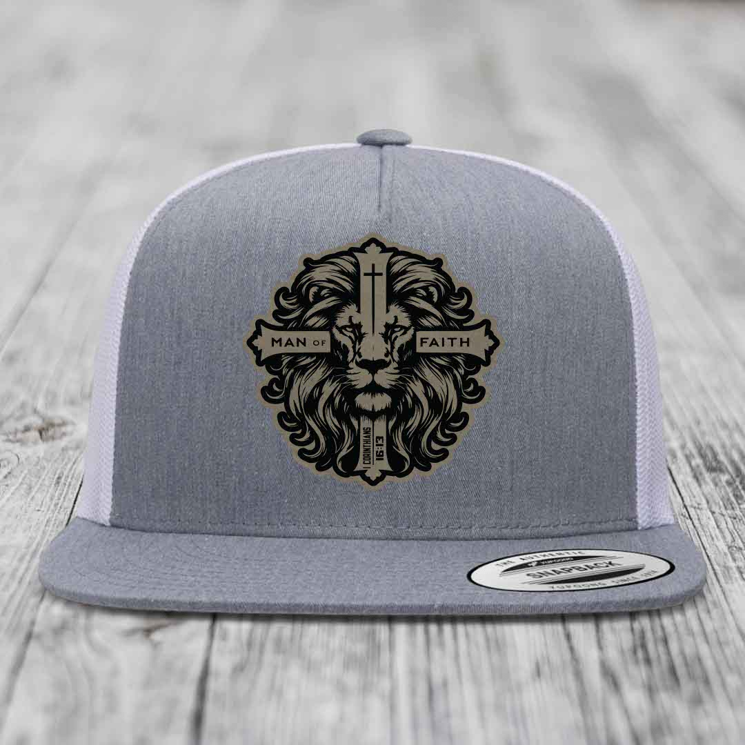 Man of Faith - Leather Patch Hat - Light Brown to Black Patch - Yupoong 6006 Snapback Flatbill Hat
