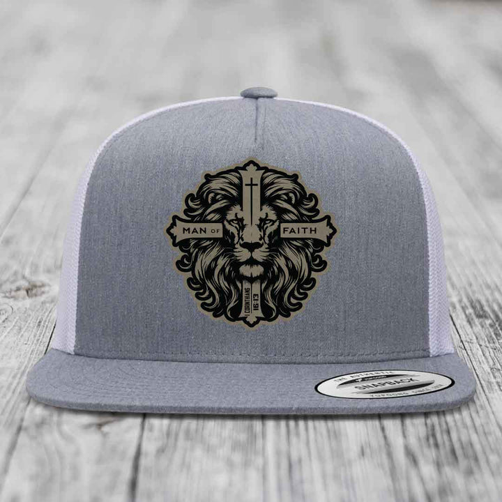 Man of Faith - Leather Patch Hat - Light Brown to Black Patch - Yupoong 6006 Snapback Flatbill Hat