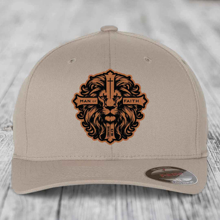 Man of Faith - Leather Patch Hat - Rawhide to Black Patch - Flexfit 6277 Fitted Hat