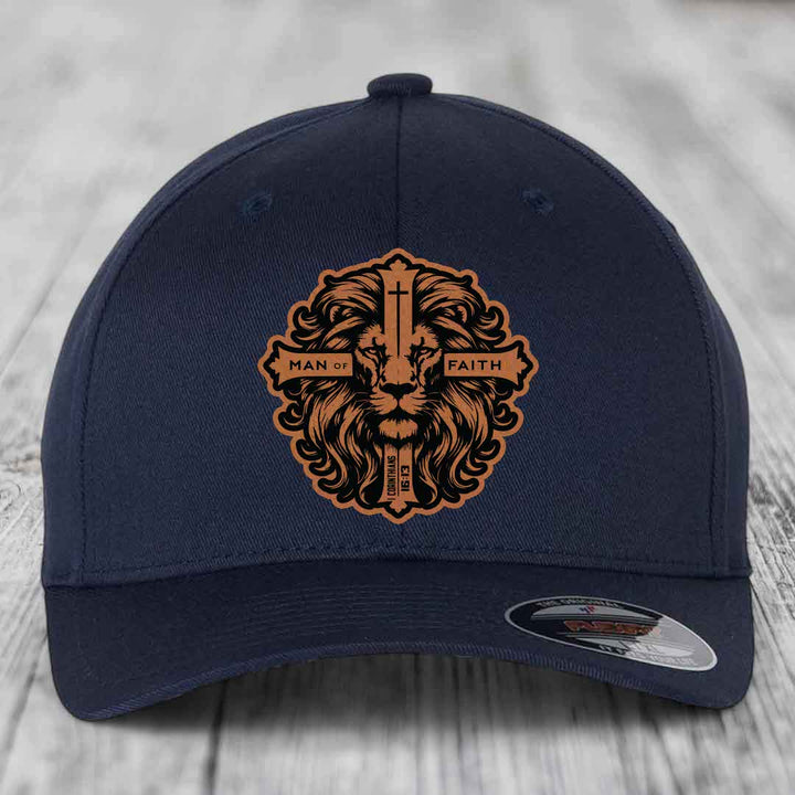 Man of Faith - Leather Patch Hat - Rawhide to Black Patch - Flexfit 6277 Fitted Hat