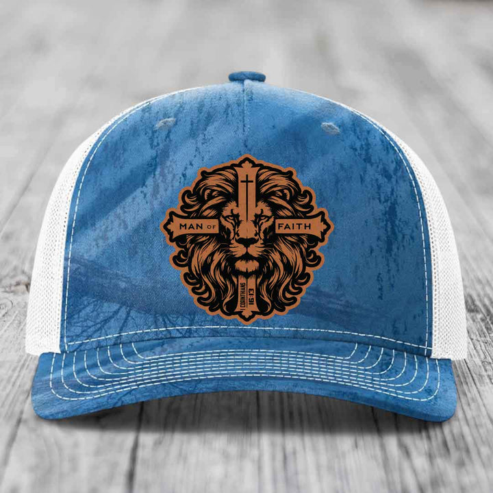 Man of Faith - Leather Patch Hat - Rawhide to Black Patch - Richardson 112PFP Snapback Trucker Hat