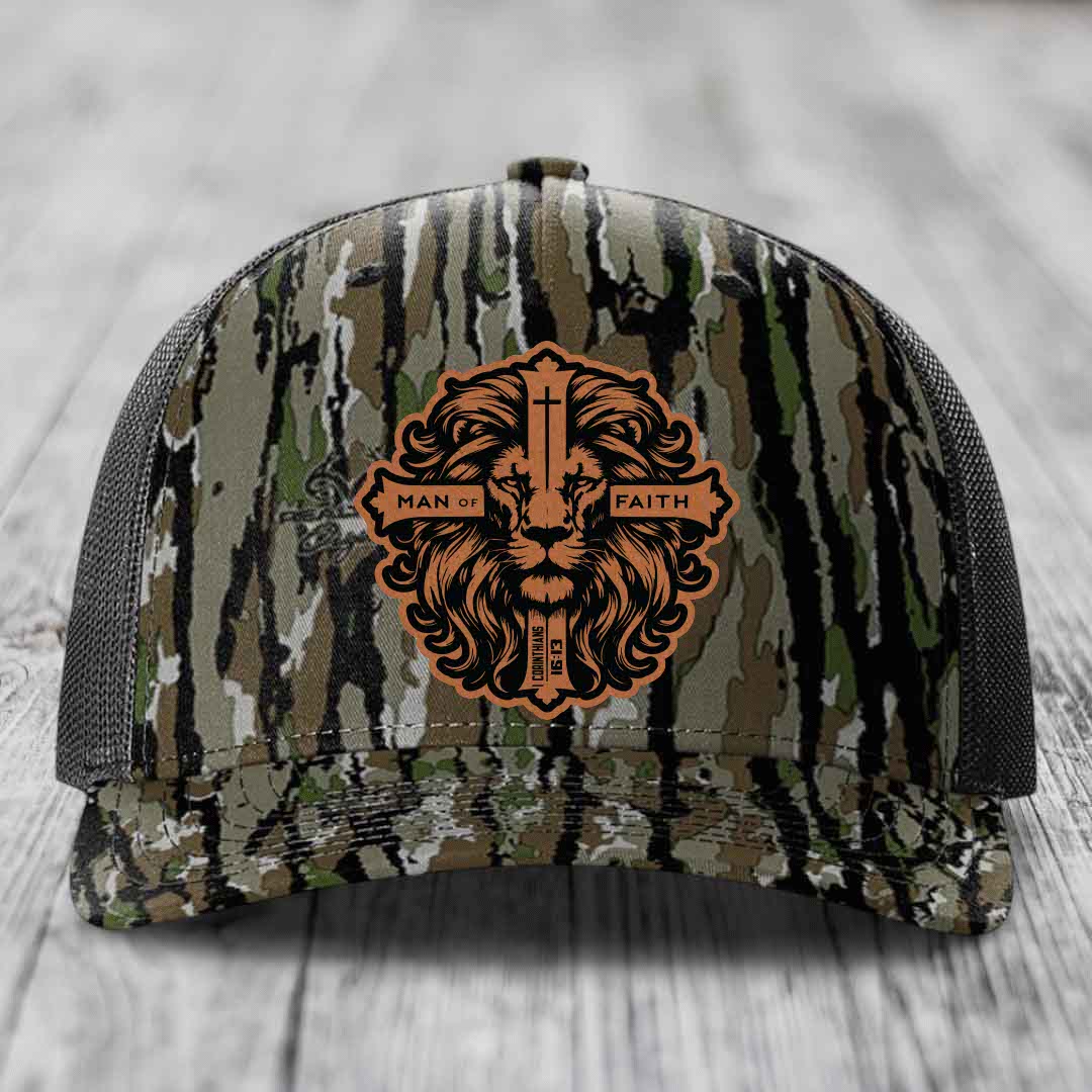 Man of Faith - Leather Patch Hat - Rawhide to Black Patch - Richardson 112PFP Snapback Trucker Hat