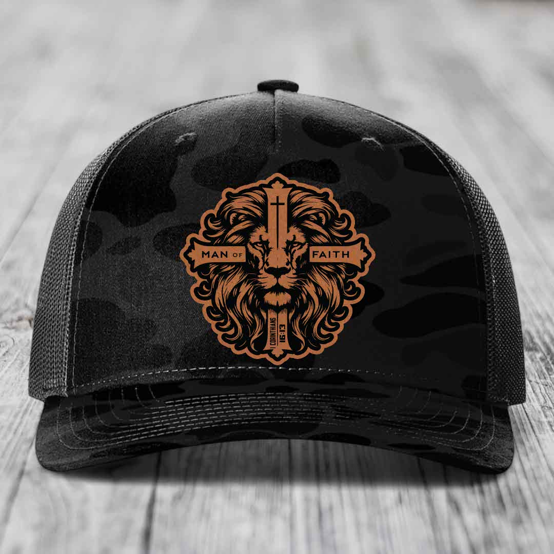 Man of Faith - Leather Patch Hat - Rawhide to Black Patch - Richardson 112PFP Snapback Trucker Hat