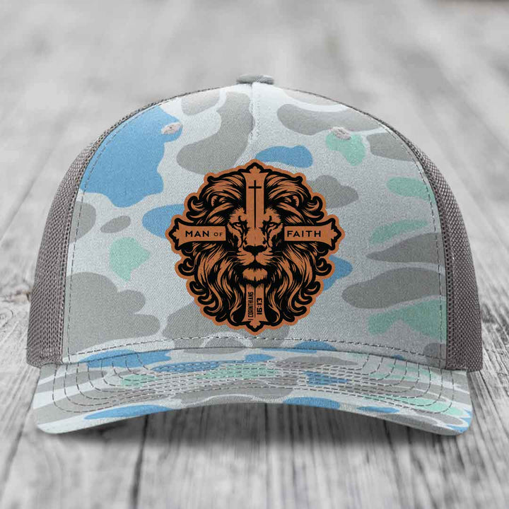 Man of Faith - Leather Patch Hat - Rawhide to Black Patch - Richardson 112PFP Snapback Trucker Hat