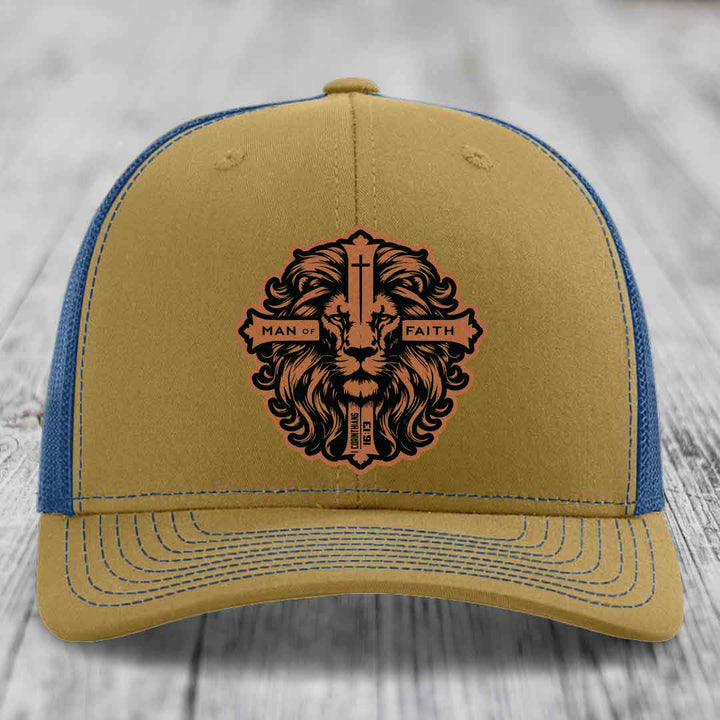 Man of Faith - Leather Patch Hat - Rawhide to Black Patch - Richardson 112 Snapback Trucker Hat