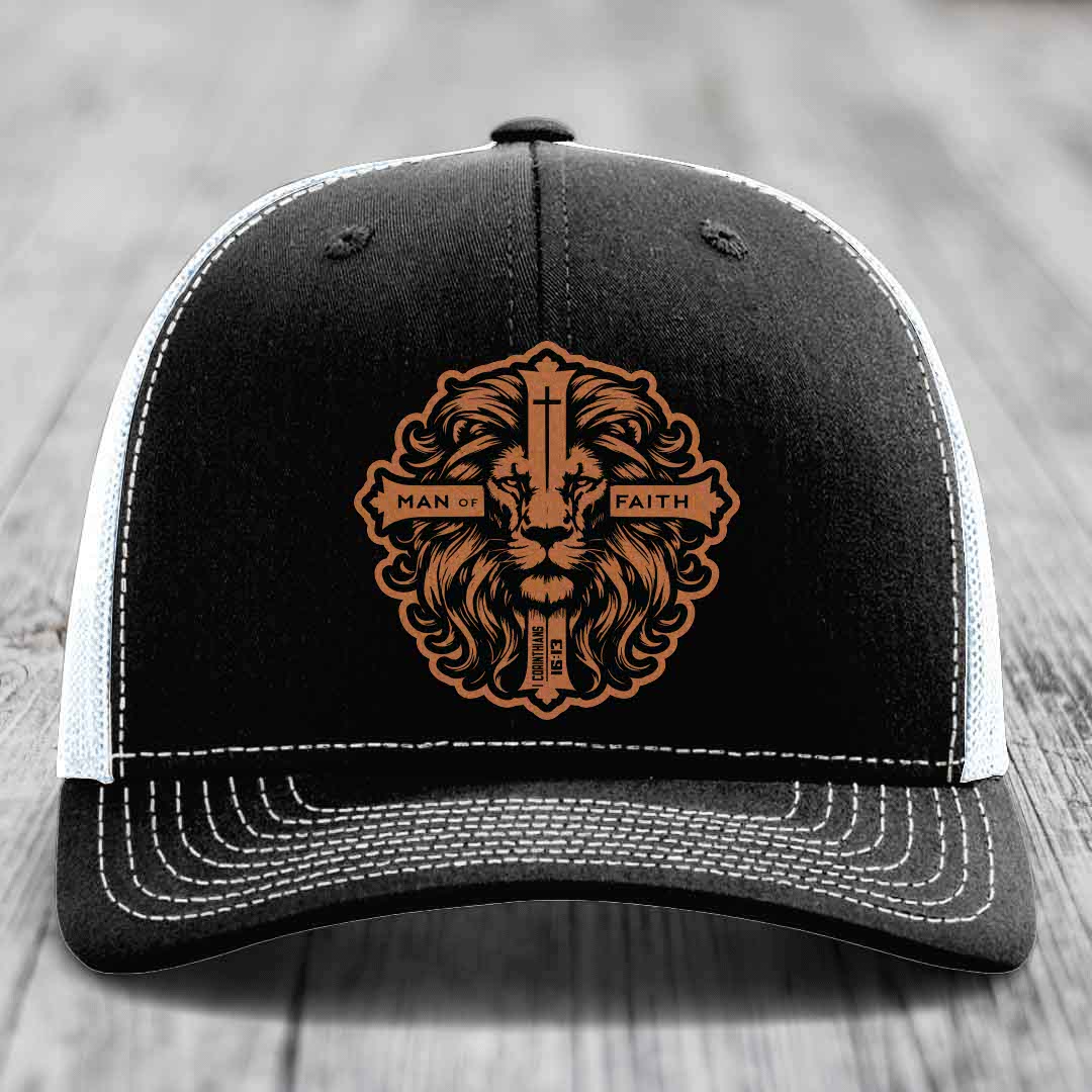 Man of Faith - Leather Patch Hat - Rawhide to Black Patch - Richardson 112 Snapback Trucker Hat