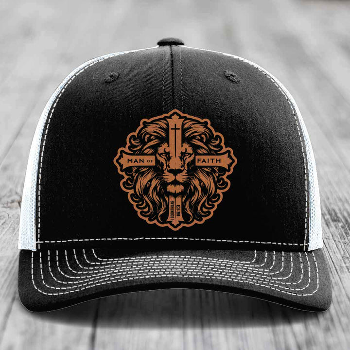Man of Faith - Leather Patch Hat - Rawhide to Black Patch - Richardson 112 Snapback Trucker Hat