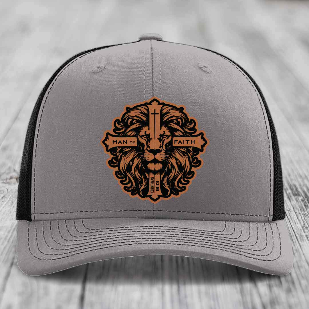 Man of Faith - Leather Patch Hat - Rawhide to Black Patch - Richardson 112 Snapback Trucker Hat