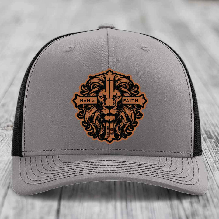 Man of Faith - Leather Patch Hat - Rawhide to Black Patch - Richardson 112 Snapback Trucker Hat