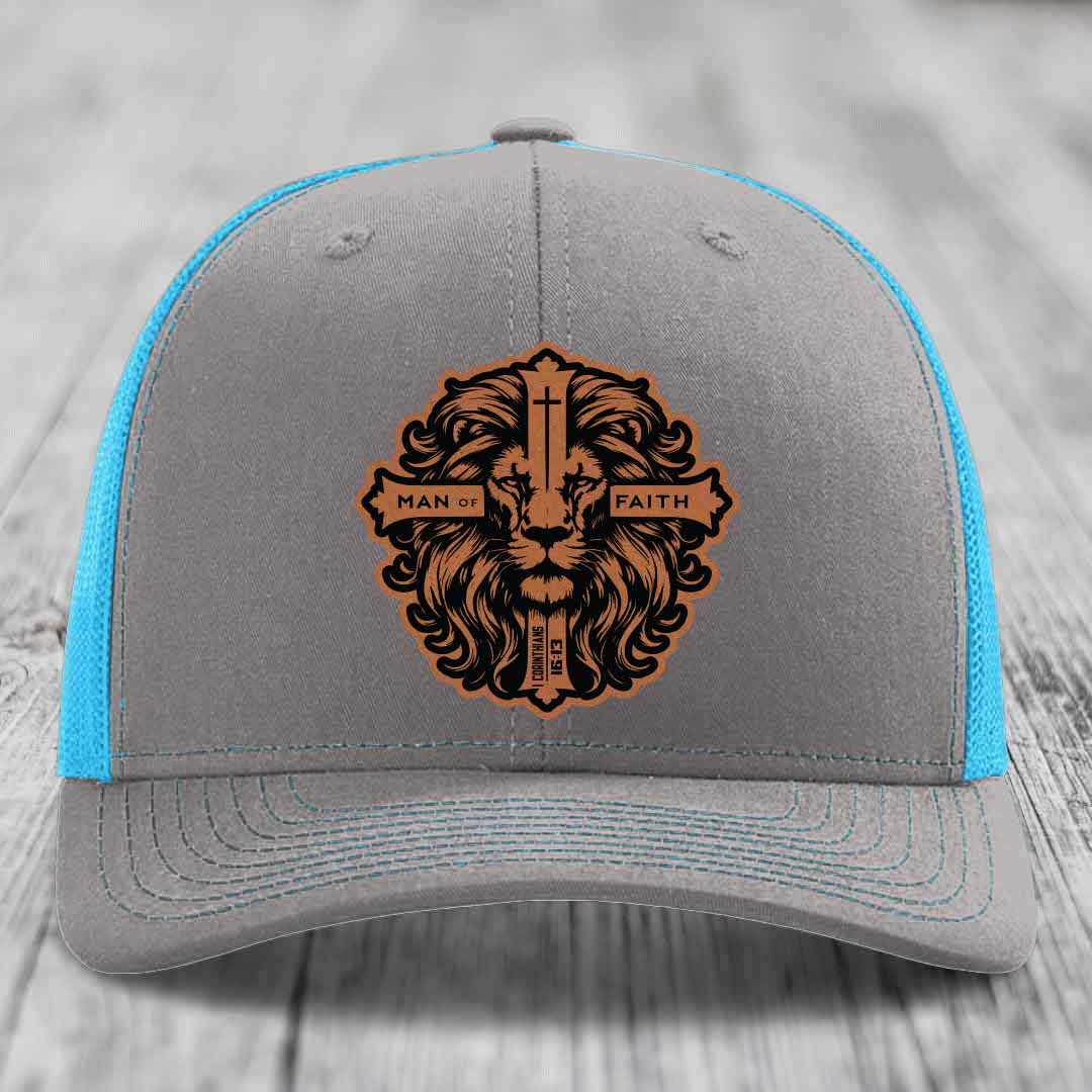 Man of Faith - Leather Patch Hat - Rawhide to Black Patch - Richardson 112 Snapback Trucker Hat